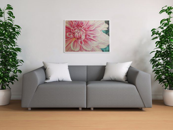 Blooming flower large print framed mockup in living room