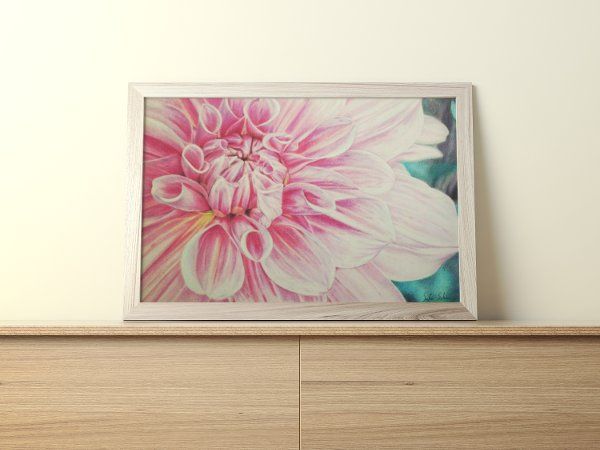 Booming flower Print mockup displayed on top of a light wooden dresser