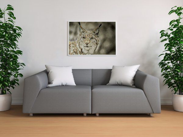 Lynx drawing large print framed mockup in living room 