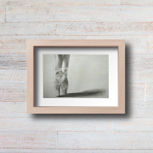 On Pointe drawing print light wooden frame with passepartout mounted on the wall (mockup)